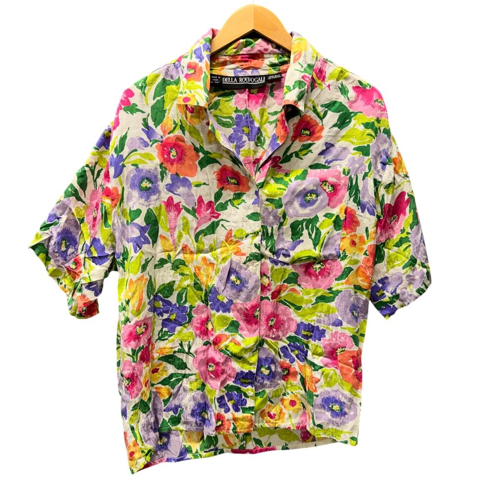 Vintage Della Roufogali‎ Silk Blouse Short Sleeve Hidden Button Up Womens Large